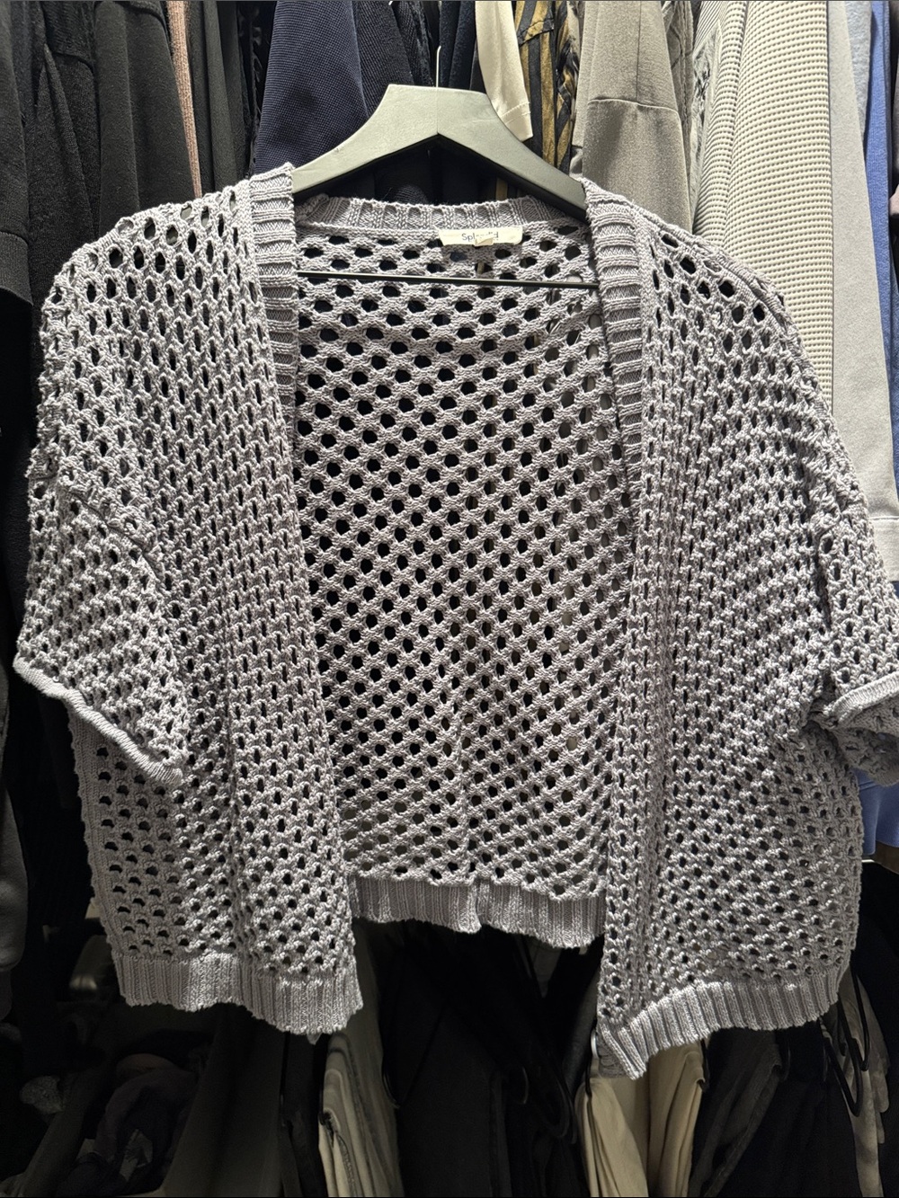 Splendid Open-Weave Short Sleeve Cardigan in Light Gray